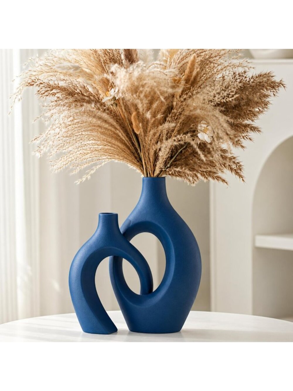 Modern Navy Blue Ceramic Vase Set of 2 Mid Century Living Room Home Decoration